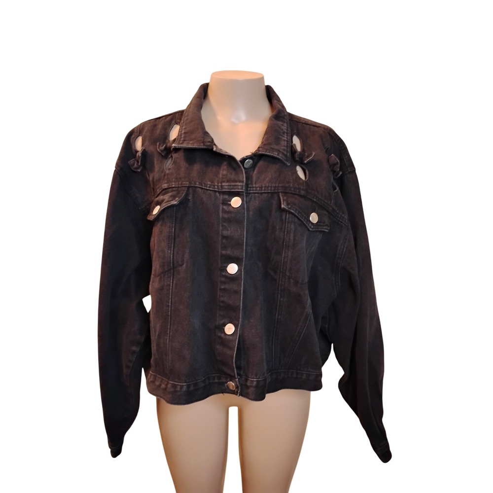 Stefano International Black Denim Bow Cutout Jacket Plus Size 26/28 Trucker